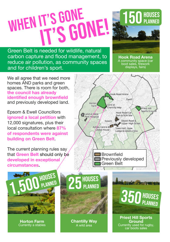 Map of green belt sites the council is including in the Epsom and Ewell local plan, 150 houses on Hook Road Arena, 1,500 houses on Horton Farm, 25 houses on Chantilly Way, 350 houses on Priest Hill Sports Ground.