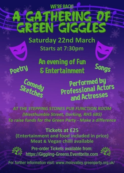 A gathering of green giggles, comedy skits and dinner, Saturday 22nd March, 7.30pm, Stepping Stones pub, Dorking, RH5 6BS